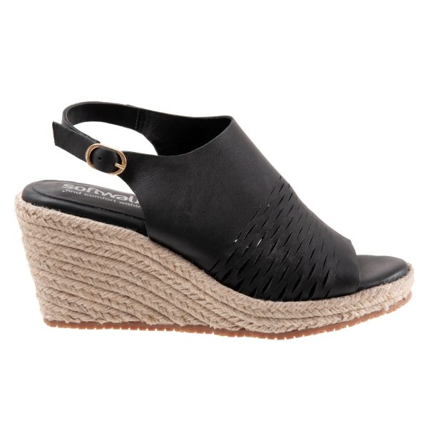 Softwalk Hixson S2207-001 Womens Black Wide Leather Wedges Sandals Shoes on Sale