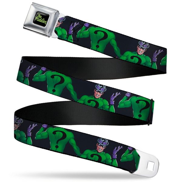 THE RIDDLER Title Log Full Color Black Green Seatbelt Belt - DC Batman Villain The Riddler Pose Turns Black Webbing For Sale