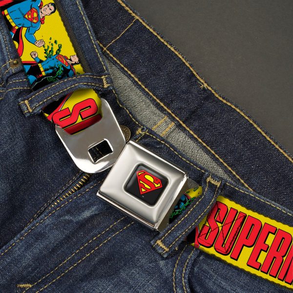 Superman Shield Logo Full Color Black Seatbelt Belt - SUPERMAN Action Poses and Text Yellow Red Webbing on Sale - Image 2