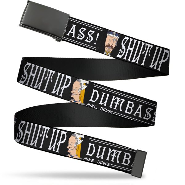 Web Belt Blank Black Buckle - Beavis and Butt-Head Empress and King SHUT UP DUMB ASS Pose Black White Webbing Fashion